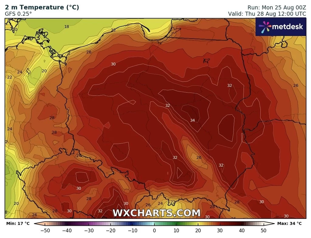 Czwartek będzie pierwszym dniem fali upałów Mapa Polski z prognozą temperatur na poziomie 2 metrów wskazującą intensywne upały, szczególnie w centralnej i południowej części kraju, gdzie temperatury osiągają wartości powyżej 34°C, oznaczone odcieniami czerwieni.