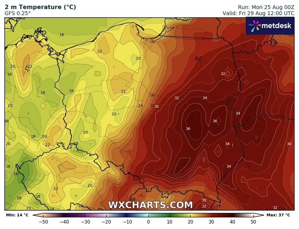 W piątek strefa upałów przesunie się na wschód kraju i tam miejscami może być do 34 stopni Mapa temperatur dla Polski przedstawiająca prognozowane wartości temperatury na poziomie 2 metrów nad ziemią, od 14°C na zachodzie do 37°C na południowym-wschodzie, z widoczną intensywną falą upałów w centralnej i wschodniej części kraju.