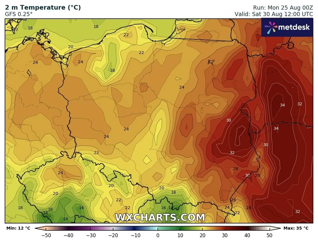 W sobotę strefa upału ograniczy się do południowo-wschodniej części kraju, w niedzielę będzie już chłodniej Mapa temperatur przedstawiająca prognozowane wartości w stopniach Celsjusza na terenie Polski i części krajów sąsiednich; najwyższe temperatury, powyżej 32°C, występują we wschodniej części mapy, a najniższe, około 16-18°C, w północno-zachodniej.