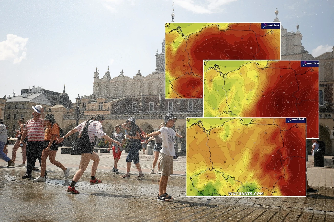 Fala upałów rozpocznie się w czwartek i potrwa do soboty. Będzie to ostatnia taka fala w sierpniu Grupa dzieci bawiąca się w fontannie na rynku miejskim podczas upalnej pogody, z nałożonymi mapami pogodowymi pokazującymi wysokie temperatury w Polsce.