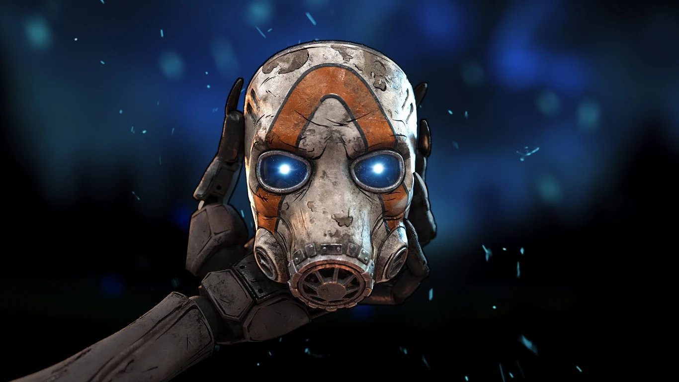 Borderlands 4 Metaliczna ręka trzyma futurystyczną maskę z podświetlonymi, niebieskimi oczami i przetarciami, maska ma industrialny wygląd i nawiązuje do stylistyki science fiction, tło rozmyte z jasnymi punktami świetlnymi.