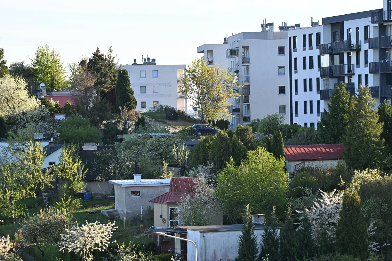 Wysokie ceny mieszkań sprawiły, że coraz więcej Polaków postanawia zamieszkać na działkach ROD. To nie jest zgodne z prawem Wiosenna zabudowa mieszkalna z nowoczesnymi blokami oraz ogródkami działkowymi z gęstą zielenią i rozkwitającymi drzewami.