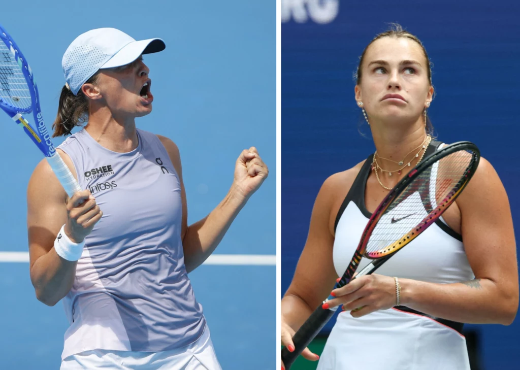 Iga Świątek i Aryna Sabalenka znajdują się wśród głównych faworytek tegorocznego US Open Po lewej stronie kobieta w czapce z daszkiem i stroju sportowym energicznie zaciska pięść, po prawej druga kobieta w sportowym stroju trzymająca rakietę tenisową spogląda w górę