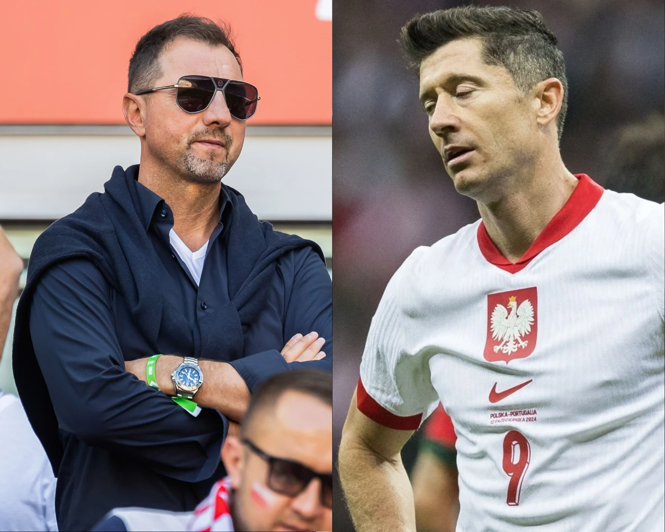 Jerzy Dudek i Robert Lewadnowski Po lewej stronie mężczyzna w ciemnych okularach i nieformalnym stroju z założonymi rękami, po prawej piłkarz w białej koszulce reprezentacji Polski z orłem na piersi i numerem 9, sprawiający wrażenie skupionego lub zmęczonego.