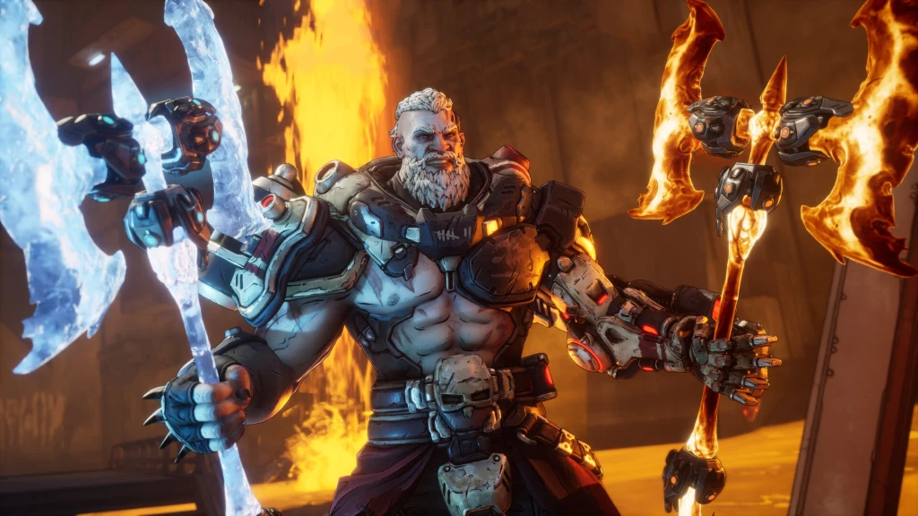 Borderlands 4 Muskularny wojownik w futurystycznej zbroi trzyma w rękach dwa potężne topory – jeden stworzony z lodu, drugi z ognia, a w tle płomienie podkreślają dramatyzm sceny.