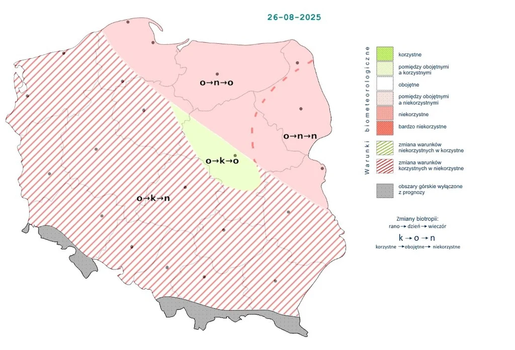 Mapa Polski z podziałem na strefy oznaczone różnymi kolorami i wzorami, informująca o warunkach biometrologicznych na dzień 26 sierpnia 2025; klucz po prawej stronie wyjaśnia znaczenie zastosowanych kolorów i wzorów, obejmujących korzystne, obojętne i ...