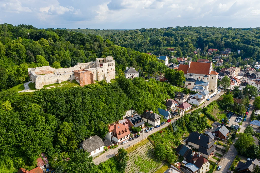 Ruiny zamku położone na wzgórzu otoczone gęstym lasem, obok znajduje się miasteczko z charakterystycznymi kościołami oraz kolorowymi dachami domów, w tle rozciągający się krajobraz zielonych wzgórz.