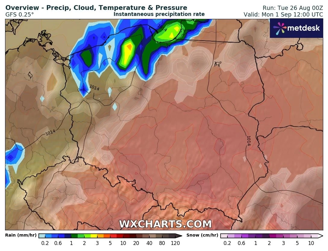 Kolorowa mapa Polski przedstawiająca przewidywane natężenie opadów, temperaturę oraz ciśnienie atmosferyczne na początku września. Intensywne opady widoczne są głównie w północno-zachodniej części kraju, gdzie zaznaczono zielone i żółte strefy. Pozosta...