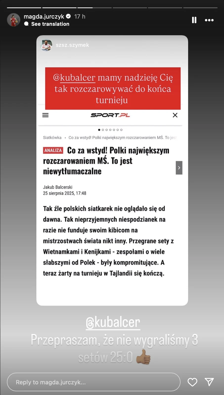 Zrzut ekranu relacji z Instagrama zawierający fragment artykułu sportowego z opinią na temat gry polskich siatkarek oraz ironiczny komentarz siatkarki skierowany do autora tekstu.