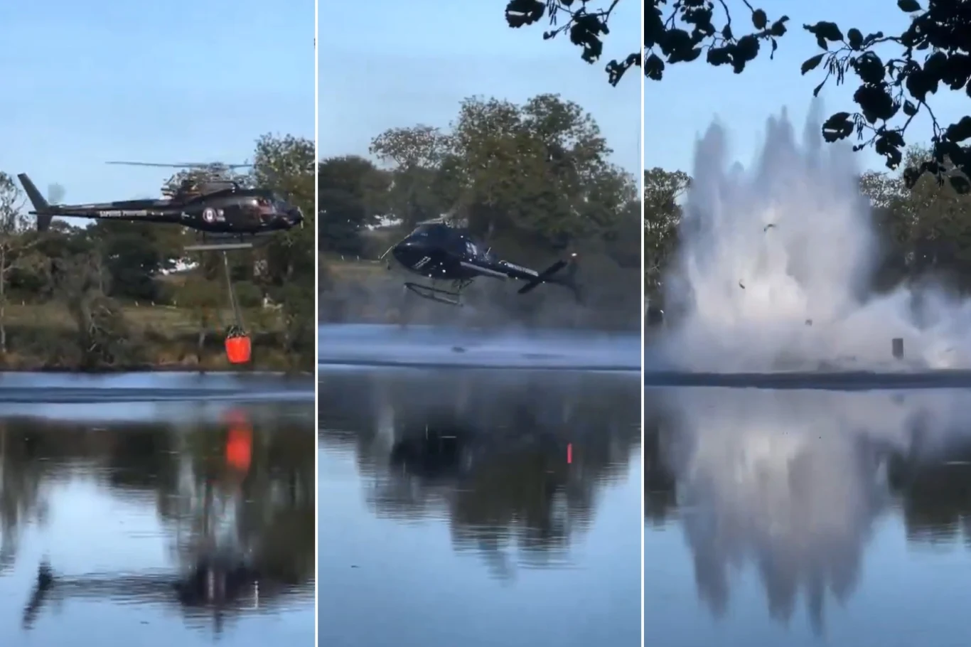 Katastrofa śmigłowca gaśniczego na jeziorze Rosporden w północno-zachodniej Francji. Na szczęście nikomu nic się nie stało Helikopter unosząc się tuż nad powierzchnią jeziora podnosi wiadro do gaszenia pożarów, po czym gwałtowne zderzenie z wodą powoduje wzniesienie potężnej fontanny rozprysków, a w tle widoczne są drzewa i spokojny brzeg.