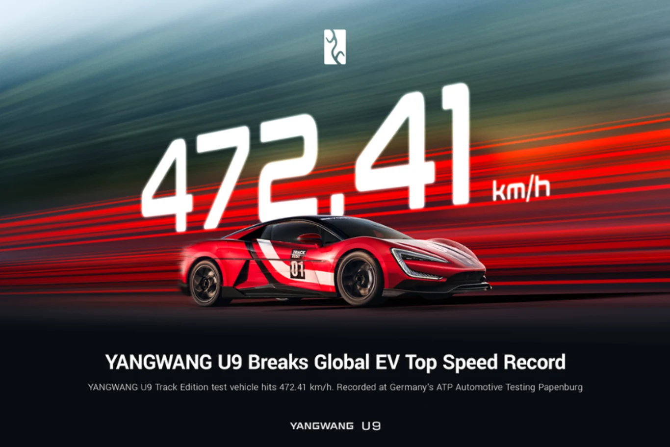 Czerwony sportowy samochód elektryczny YANGWANG U9 na torze, dynamiczny efekt ruchu w tle, duży biały napis wskazujący rekord prędkości 472,41 km/h, logo i informacje o pojeździe.