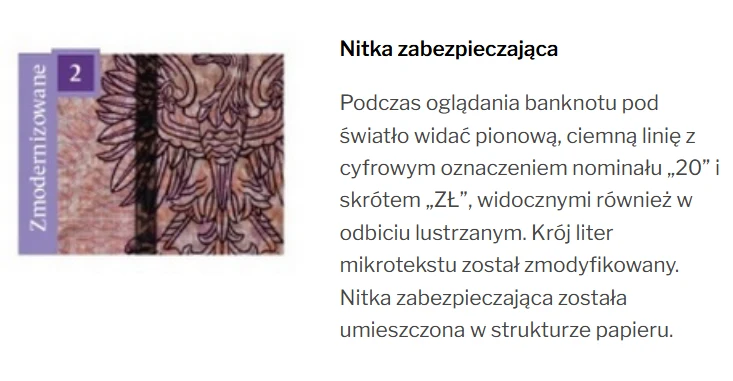 Nitka widoczna pod światło na banknocie to jedno z głównych zabezpieczeń 20 zł