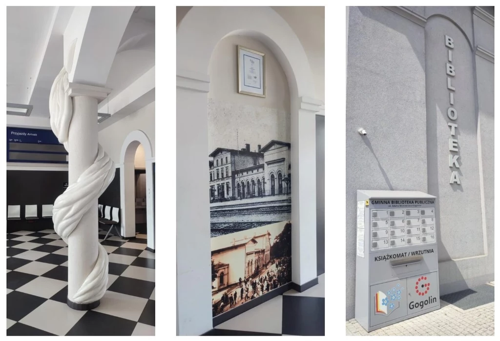 Nowoczesne wnętrze z jasnymi kolumnami o spiralnym wzorze i czarno-białą posadzką, dekoracyjny mural z historycznym zdjęciem budynku, na zewnątrz szara elewacja budynku z napisem 'biblioteka' oraz tablicą informacyjną.