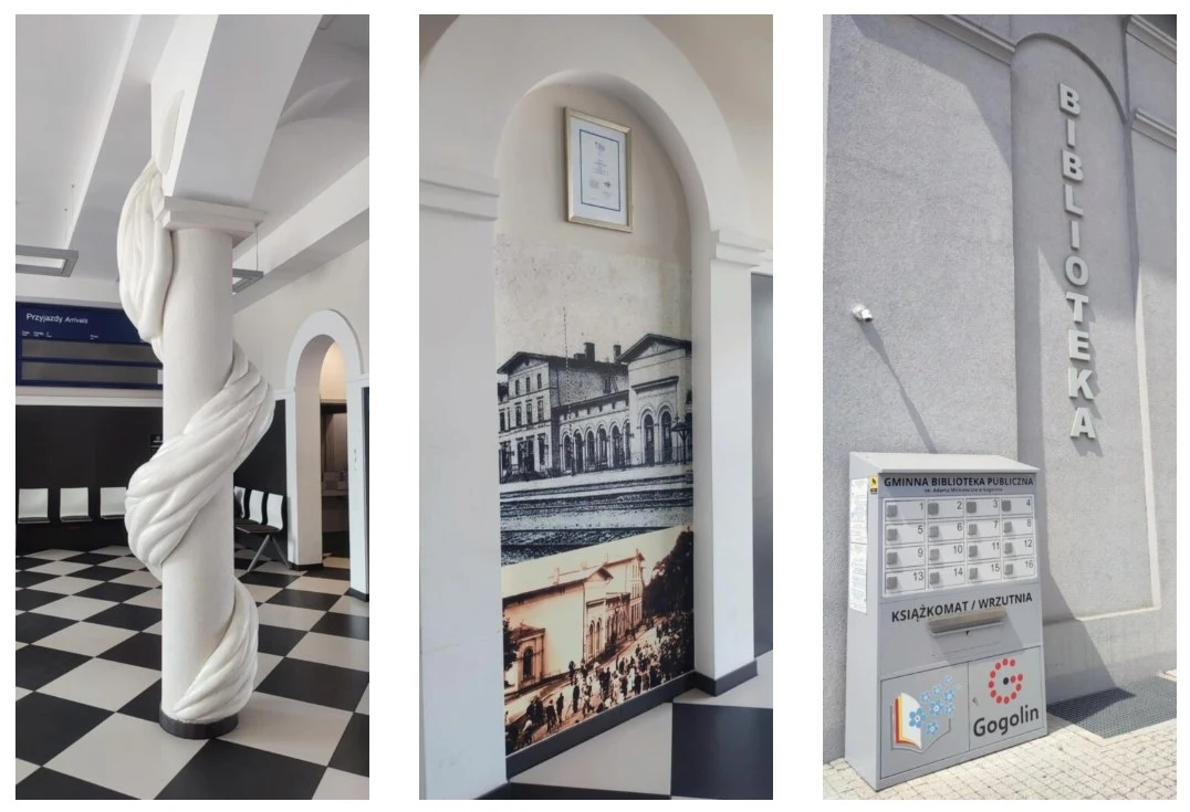 Nowoczesne wnętrze z jasnymi kolumnami o spiralnym wzorze i czarno-białą posadzką, dekoracyjny mural z historycznym zdjęciem budynku, na zewnątrz szara elewacja budynku z napisem 'biblioteka' oraz tablicą informacyjną.