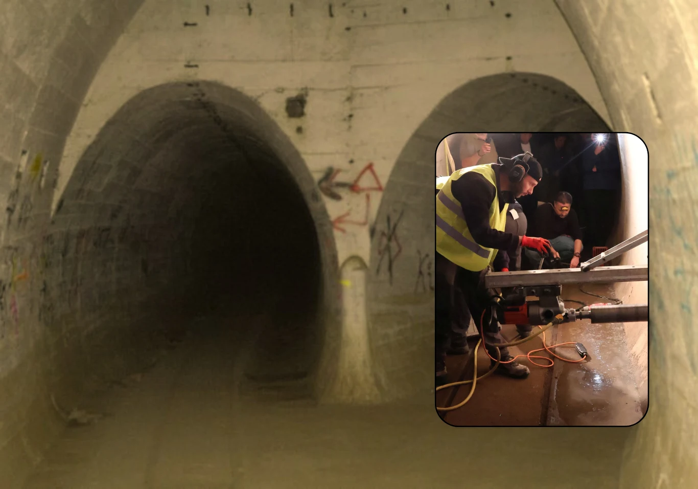 W podziemiach Międzyrzeckiego Rejonu Umocnionego przeprowadzono akcję poszukiwania ukrytych tam przez Niemców skarbów. Zdj. ilustracyjne. Betonowy tunel z dwoma łukowato sklepionymi korytarzami, na ścianach widoczne graffiti; w prawym dolnym rogu wstawka przedstawiająca pracowników w odblaskowych kamizelkach korzystających z dużego narzędzia technicznego.