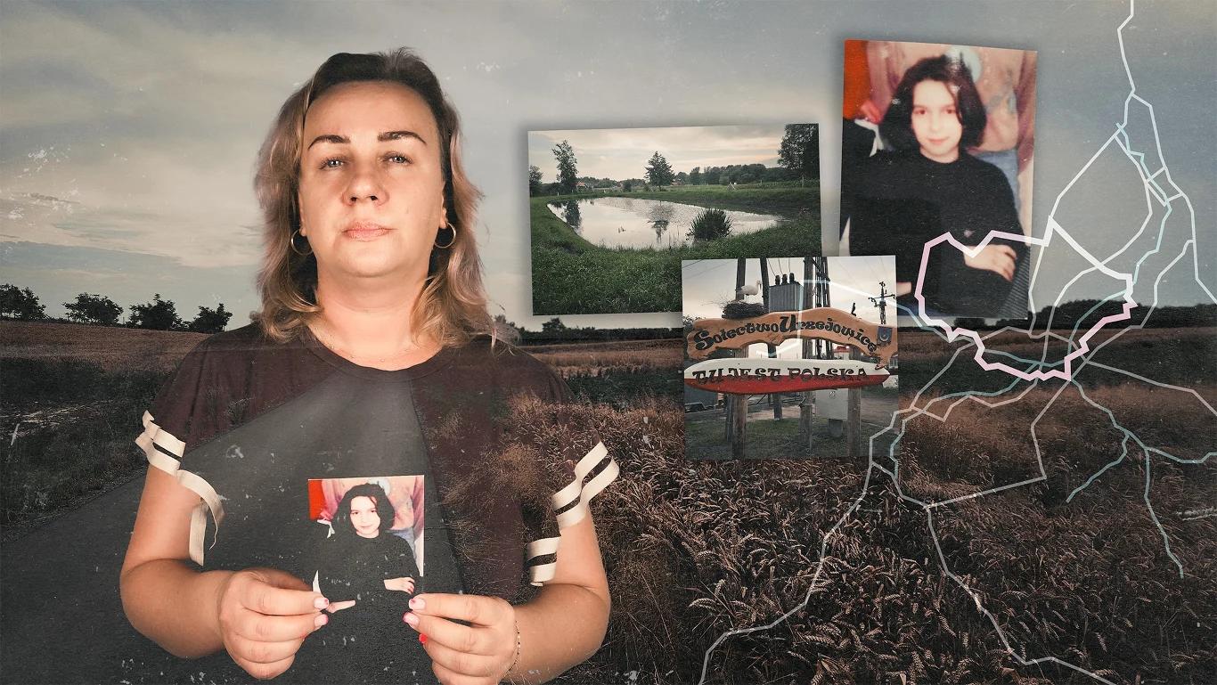 Agnieszka od 25 lat próbuje dowiedzieć się co spotkało Basię Kobieta trzymająca zdjęcie w dłoniach stoi na tle krajobrazu wiejskiego i kilku fotografii, w tym portretu kobiety, zdjęcia przyrody, tablicy z nazwą miejscowości oraz schematycznej mapy.