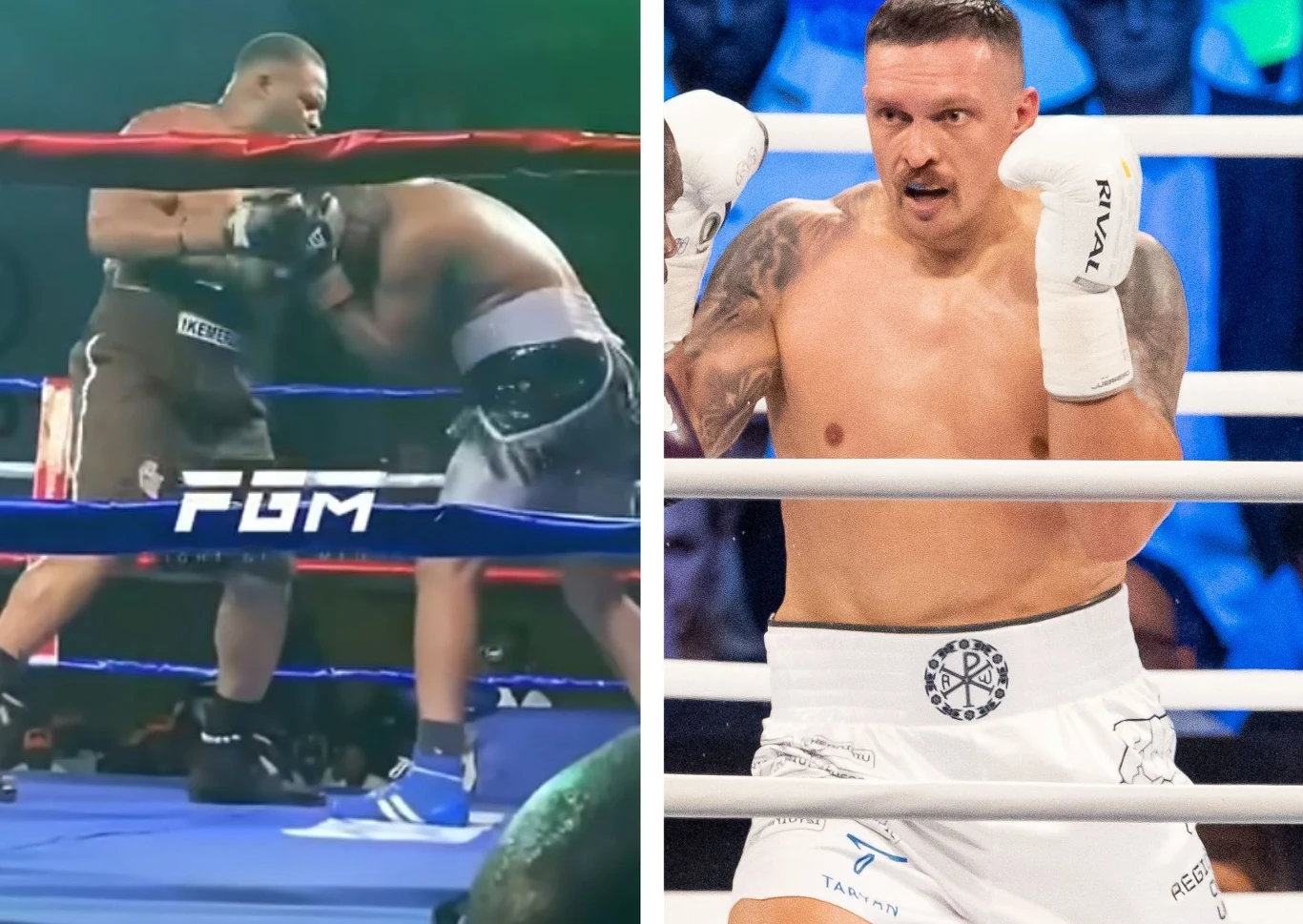 Ike Ibeabuchi (z lewej) wygrał przed czasem z 40-letnim rodakiem. Rzucenie rękawic Ołeksandrowi Usykowi brzmi jak mrzonka, ale historia 52-latka jest niebywała Dwóch bokserów w ringu walczących w profesjonalnym pojedynku bokserskim oraz bokser w białych spodenkach szykujący się do walki z uniesionymi pięściami.