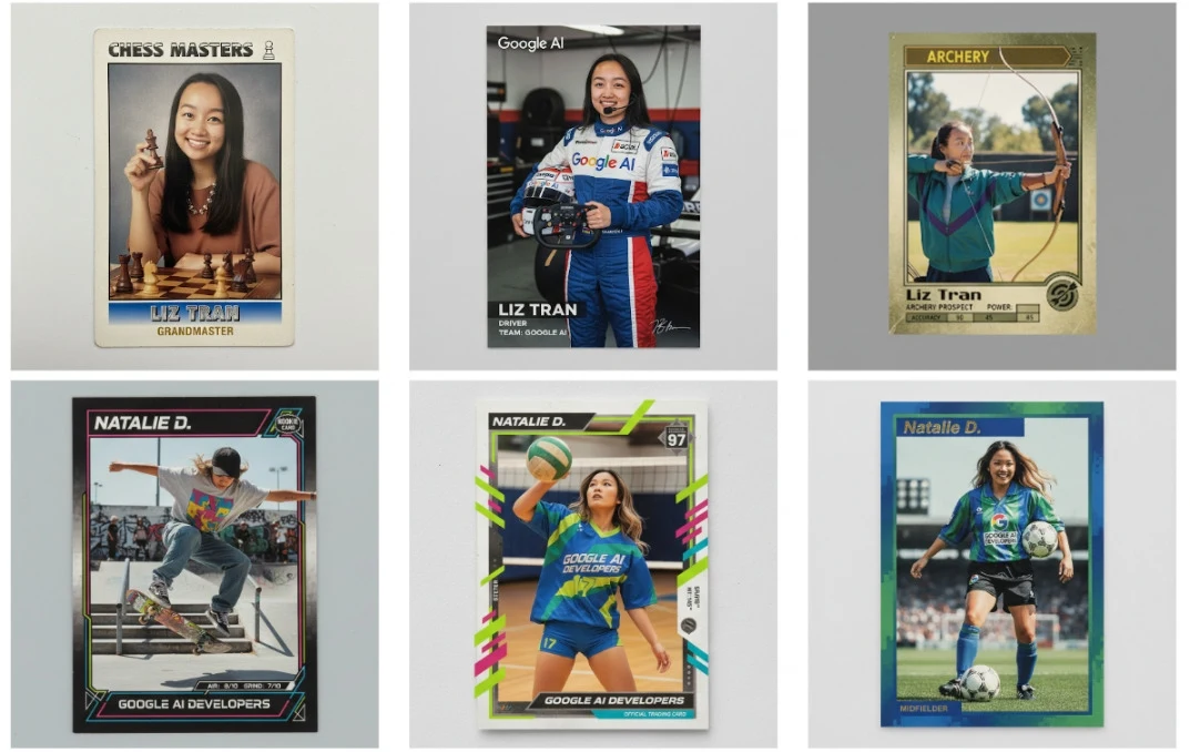 Sześć kart kolekcjonerskich prezentujących kobiety w różnych rolach związanych ze sportem, grami i technologią, każda karta opisuje inne osiągnięcie lub dziedzinę, np. szachy, rajdy, łucznictwo, sporty zespołowe i programowanie.