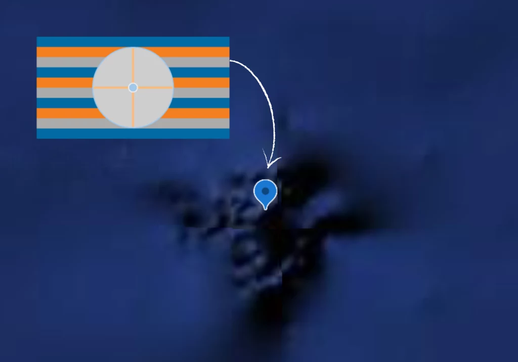 Fizycznie nieistniejąca Wyspa Null miała nawet własną flagę i stronę internetową z opisem historii oraz ludności. Mapa oceanu z zaznaczonym punktem lokalizacyjnym, strzałką wskazującą dane miejsce oraz graficzną ilustracją w lewym górnym rogu przedstawiającą schemat w okręgu z paskami w kolorach niebieskim, pomarańczowym i szarym.