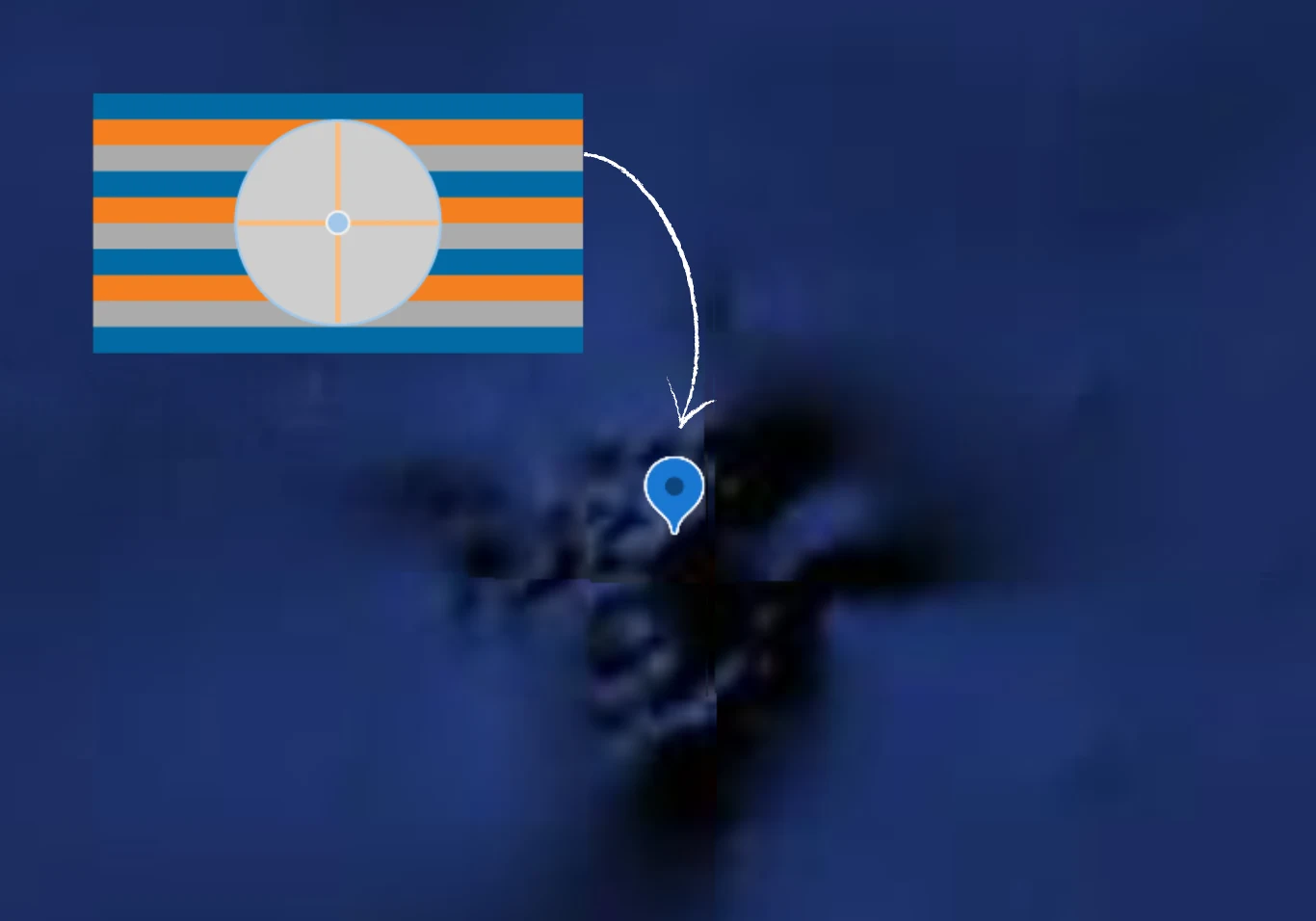 Mapa oceanu z zaznaczonym punktem lokalizacyjnym, strzałką wskazującą dane miejsce oraz graficzną ilustracją w lewym górnym rogu przedstawiającą schemat w okręgu z paskami w kolorach niebieskim, pomarańczowym i szarym.