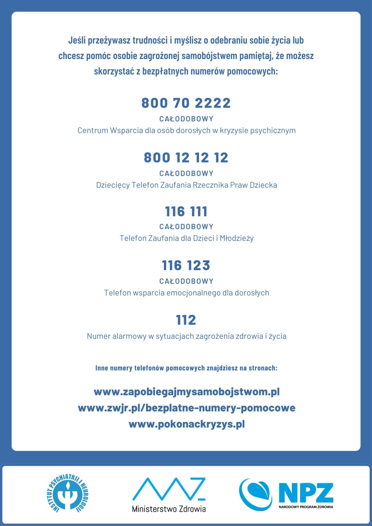 Infografika przedstawiająca listę bezpłatnych numerów telefonów pomocowych dla osób w kryzysie psychicznym, dzieci i młodzieży oraz dorosłych, zawierająca adresy stron internetowych wspierających zdrowie psychiczne oraz logotypy instytucji zaangażowany...