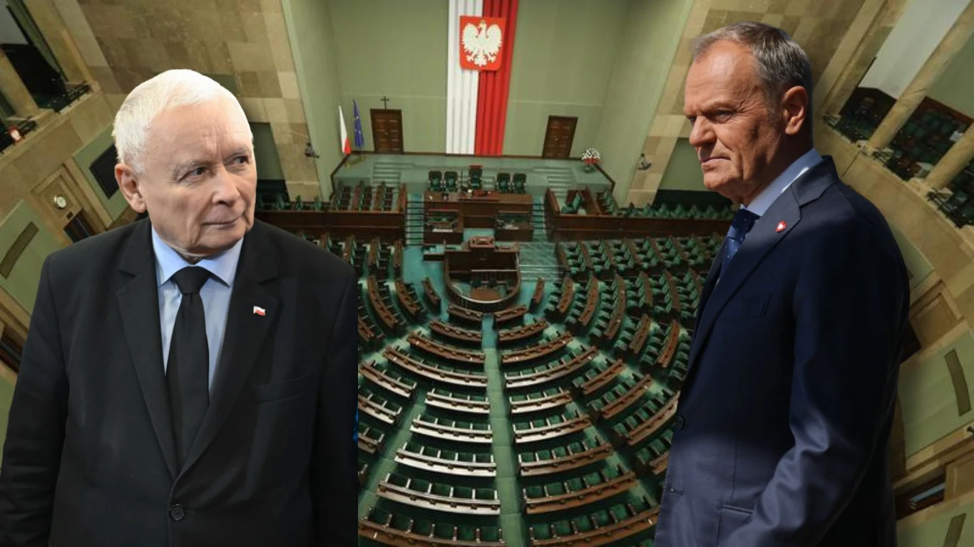 Które partie wejdą do Sejmu? Najnowszy sondaż Jarosław Kaczyński i Donald Tusk stojący po przeciwnych stronach sali plenarnej Sejmu Rzeczypospolitej Polskiej, w tle widoczna flaga Polski oraz puste miejsca poselskie.