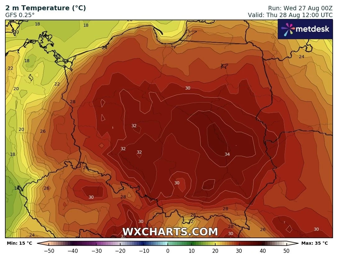 Czwartek będzie upalnym dniem. Miejscami można się spodziewać do 32 stopni Celsjusza Mapa Polski oraz sąsiednich krajów z prognozą temperatury na poziomie 2 metrów nad ziemią, ukazująca rozkład wysokich temperatur, z przewagą stref w zakresie od 28°C do 34°C, zwłaszcza w centrum i na południu kraju.