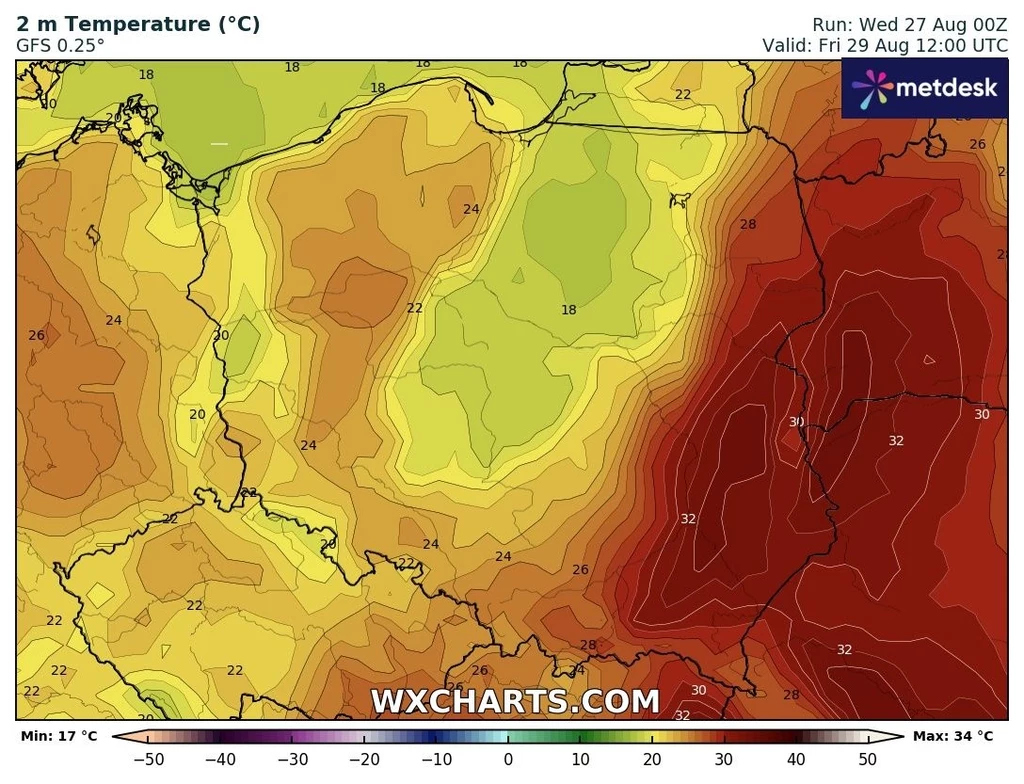 Prognoza temperatury w Polsce w sierpniu, prezentująca wyraźny gradient temperatury od łagodniejszych wartości na zachodzie do bardzo wysokich temperatur na wschodzie, z czytelną skalą barw i rozkładem izoterm.