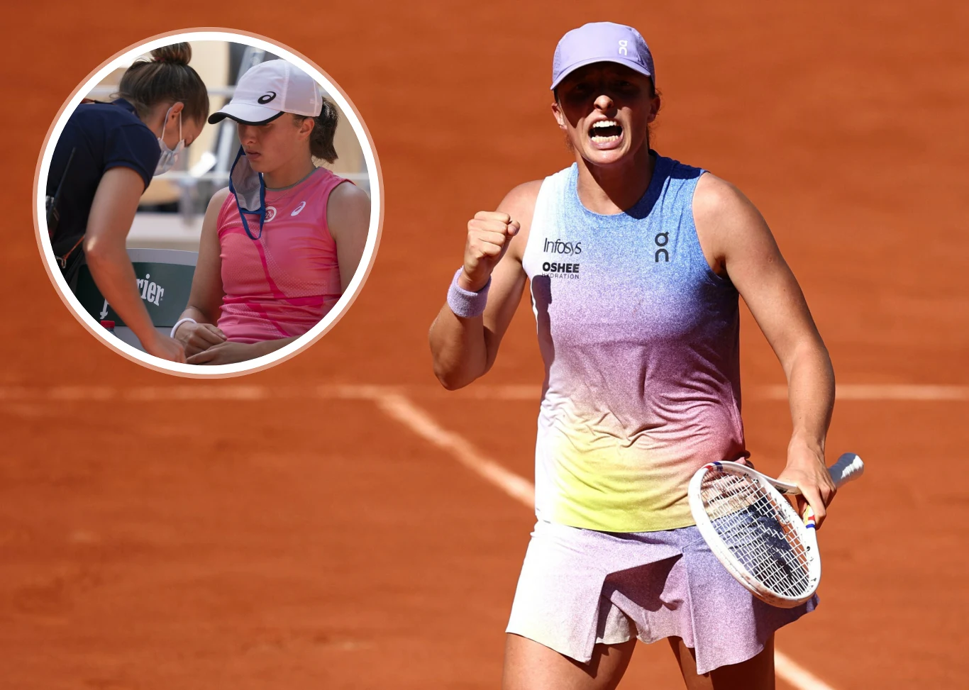 Iga Świątek w akcji podczas Rolanda Garrosa Tenisistka w sportowym stroju świętująca zdobycie punktu na korcie ziemnym, w tle wstawka przedstawiająca rozmowę zawodniczki z osobą z obsługi turnieju.