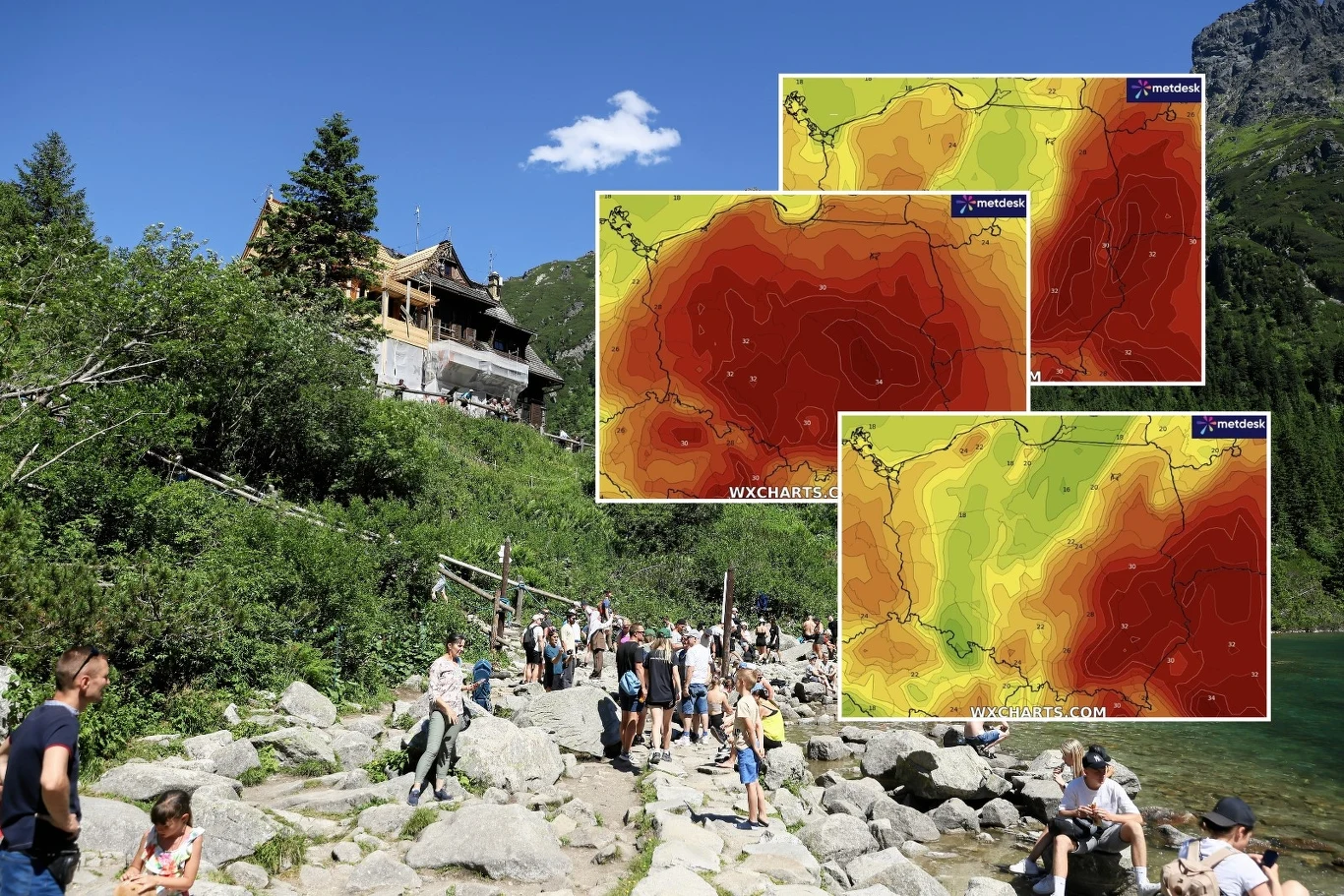Od czwartku do Polski dotrze fala upałów. Do tego dojdą burze i wichury Tłum turystów spaceruje po kamienistej ścieżce nad jeziorem w górskiej scenerii, w tle schronisko górskie otoczone zielenią i lasem, na zdjęciu nałożone są trzy mapy pogody z prognozowanymi upałami.