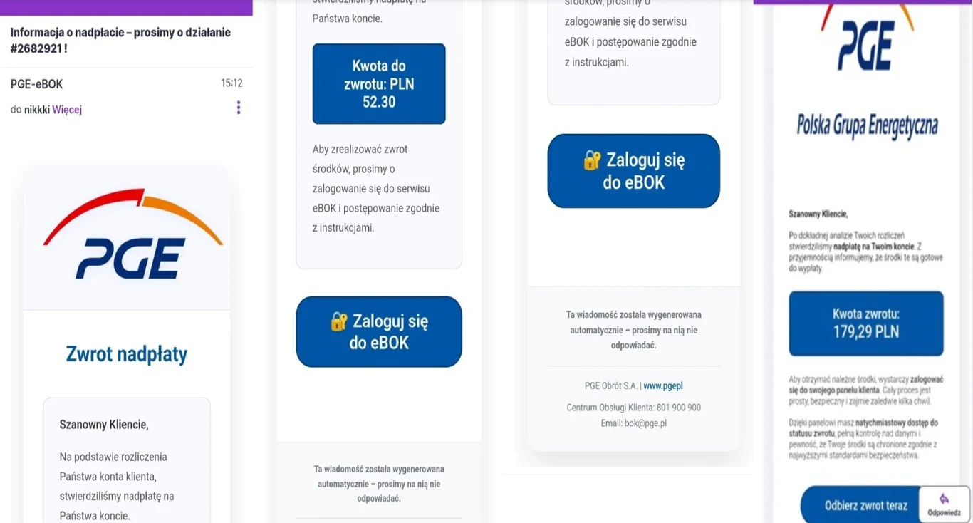 PGE pokazało screeny fałszywych wiadomości i stron trafiających do Polaków PGE pokazało screeny fałszywych wiadomości i stron trafiających do Polaków