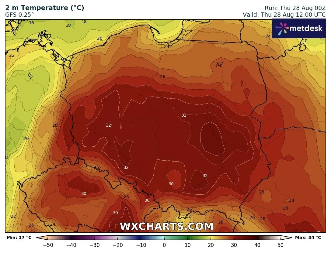 Prognoza temperatury powietrza na poziomie 2 metrów dla obszaru Polski i krajów sąsiednich, wskazująca wysokie temperatury, z wartościami sięgającymi 32°C w centrum kraju i nieco niższymi na obrzeżach.