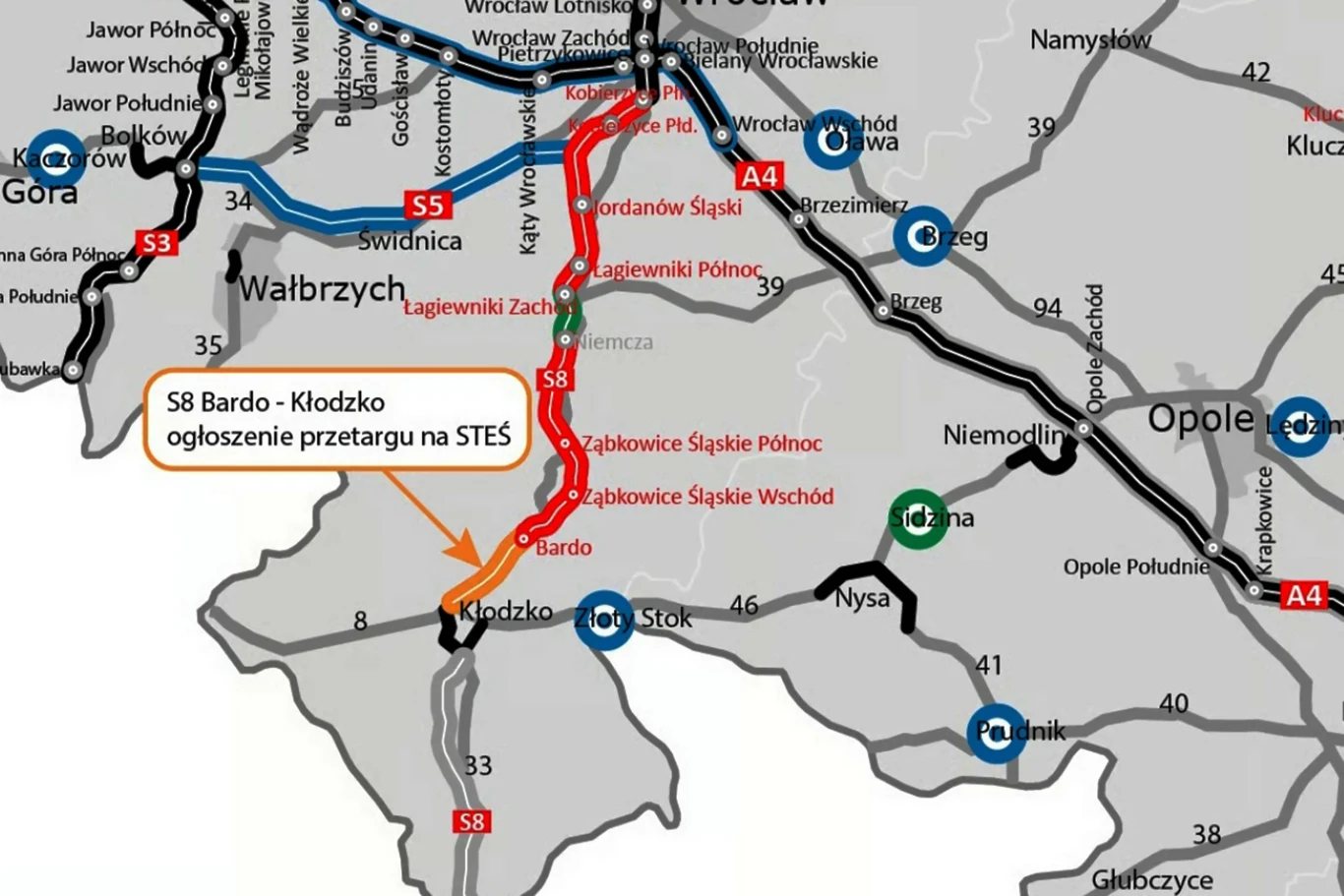 Ruszył przetarg na ważny fragment S8. Wpłynęło 12 ofert Fragment mapy z zaznaczonymi drogami ekspresowymi i autostradami, wyróżniony odcinek dotyczy planowanej drogi S8 Bardo-Kłodzko z informacją o ogłoszeniu przetargu, widoczne większe miasta i istniejące trasy komunikacyjne.