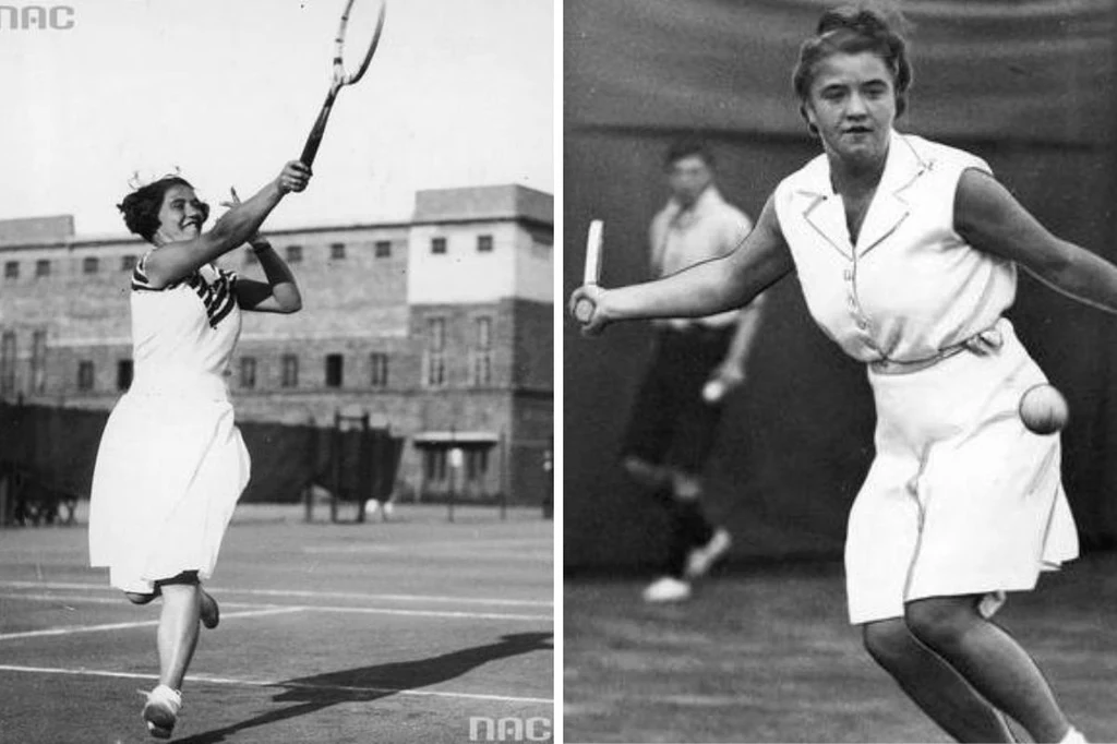 Jadwiga Jędrzejowska Kobiety ubrane w sportowe stroje grające w tenisa, dynamiczne ujęcia podczas meczu na otwartym korcie, w tle widoczne budynki i sylwetki innych osób.