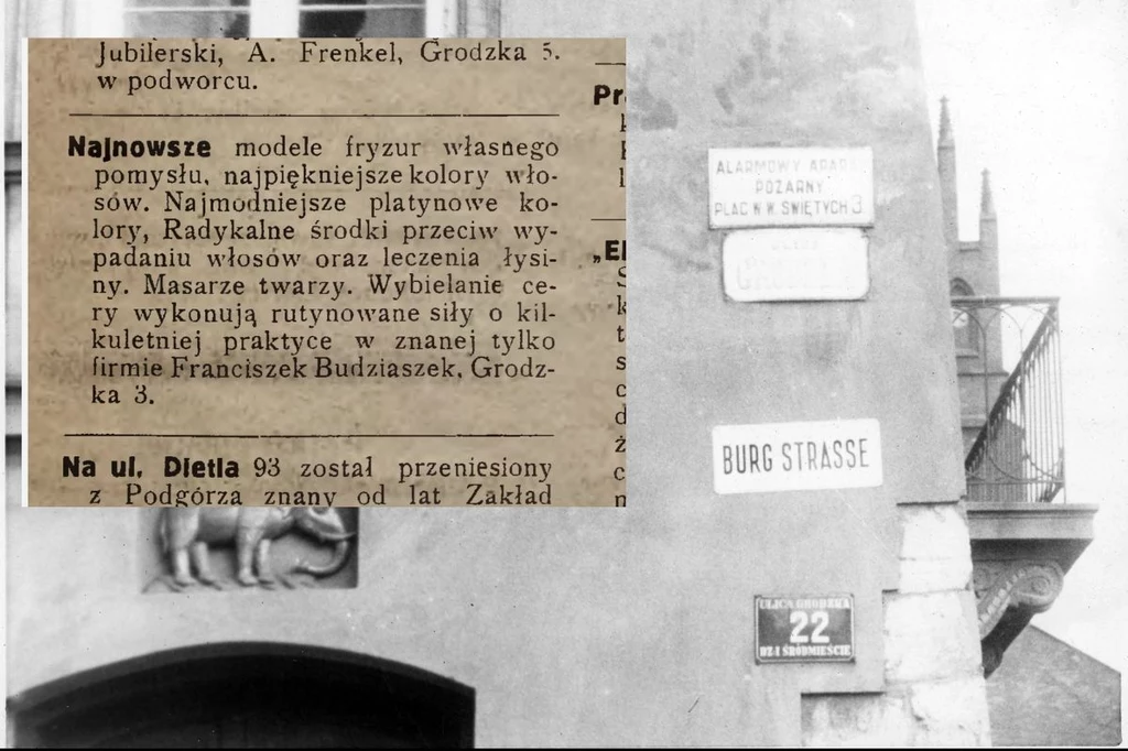 Ogłoszenie prasowe, reklamujące zakład Franciszki Budziaszek/NAC Fragment artykułu z gazety informujący o nowoczesnych modelach fryzur i pielęgnacji włosów przykrywa część czarno-białej fotografii ukazującej narożnik kamienicy z widocznymi szyldami uliczne 'Burg Strasse' oraz tablicą adresową oznaczającą numer 22.