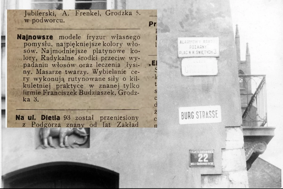 Fragment artykułu z gazety informujący o nowoczesnych modelach fryzur i pielęgnacji włosów przykrywa część czarno-białej fotografii ukazującej narożnik kamienicy z widocznymi szyldami uliczne 'Burg Strasse' oraz tablicą adresową oznaczającą numer 22.