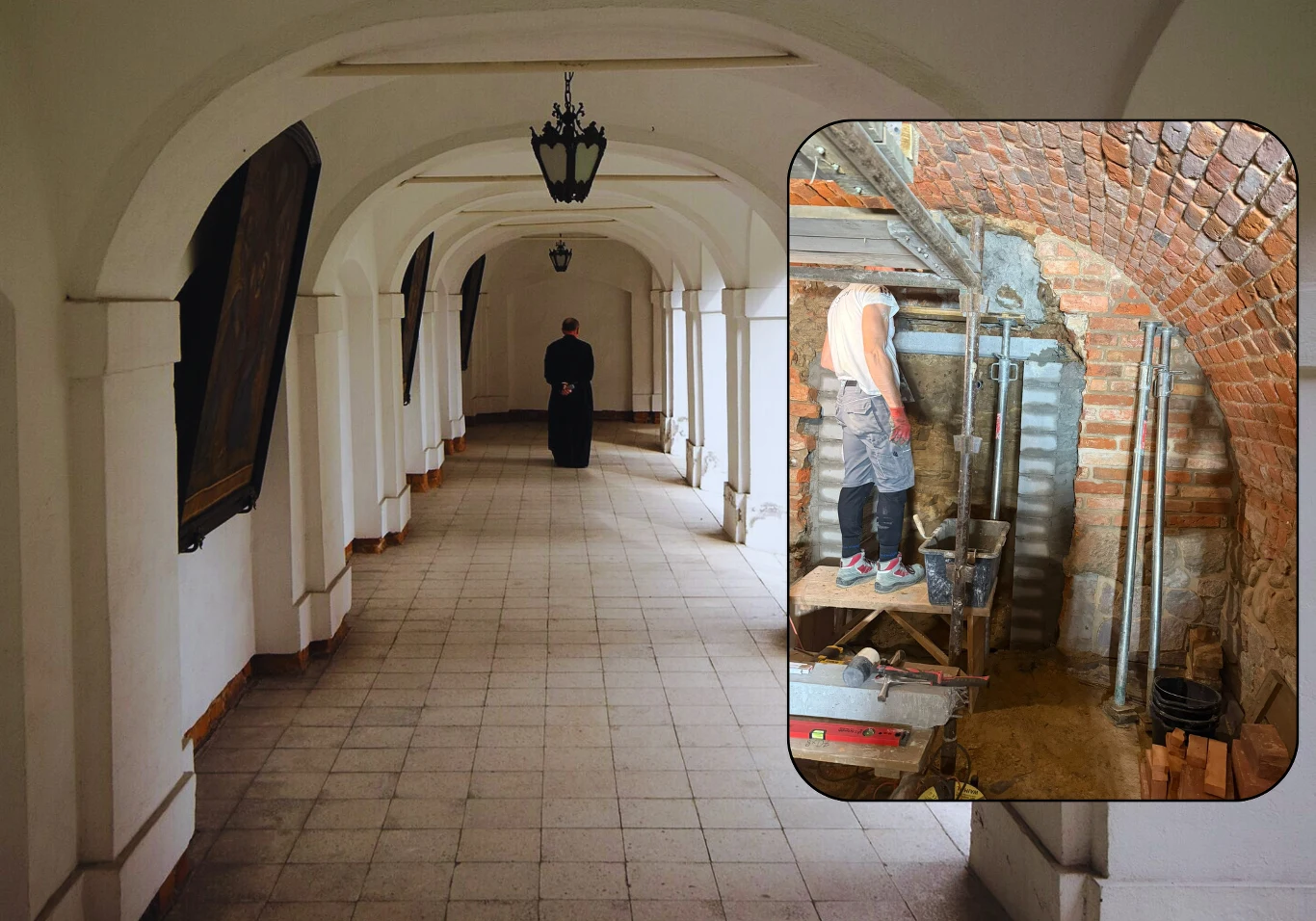 Badania podziemi klasztoru w Kazimierzu Biskupim przyniosły już wiele odkryć. Co skrywa niedostępna krypta? Zdj. ilustracyjne. Korytarz klasztorny z zakonnikiem idącym w głąb budynku oraz wstawka z pracami remontowymi prowadzonymi wewnątrz ceglanych podziemi.