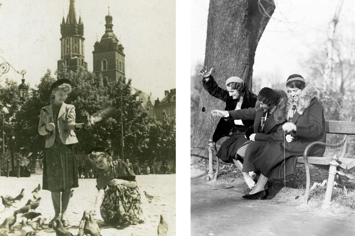 Dwie sceny z życia codziennego kobiet z przeszłości; po lewej dwie kobiety karmiące gołębie na rynku z widokiem na historyczny kościół, po prawej trzy elegancko ubrane kobiety siedzące na ławce w parku, śmiejące się i bawiące.