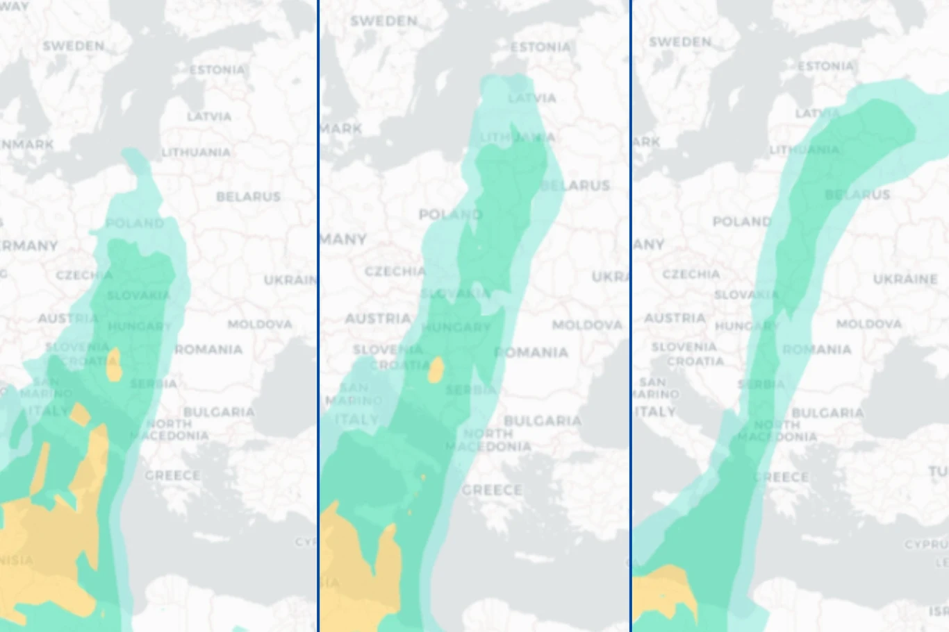 Mapa Europy z kolorowymi pasami wskazującymi prognozowane strefy opadów rozciągające się od południa po północ kontynentu, różne kolory sugerują intensywność opadów, z największym natężeniem w środkowej i południowej części kontynentu.
