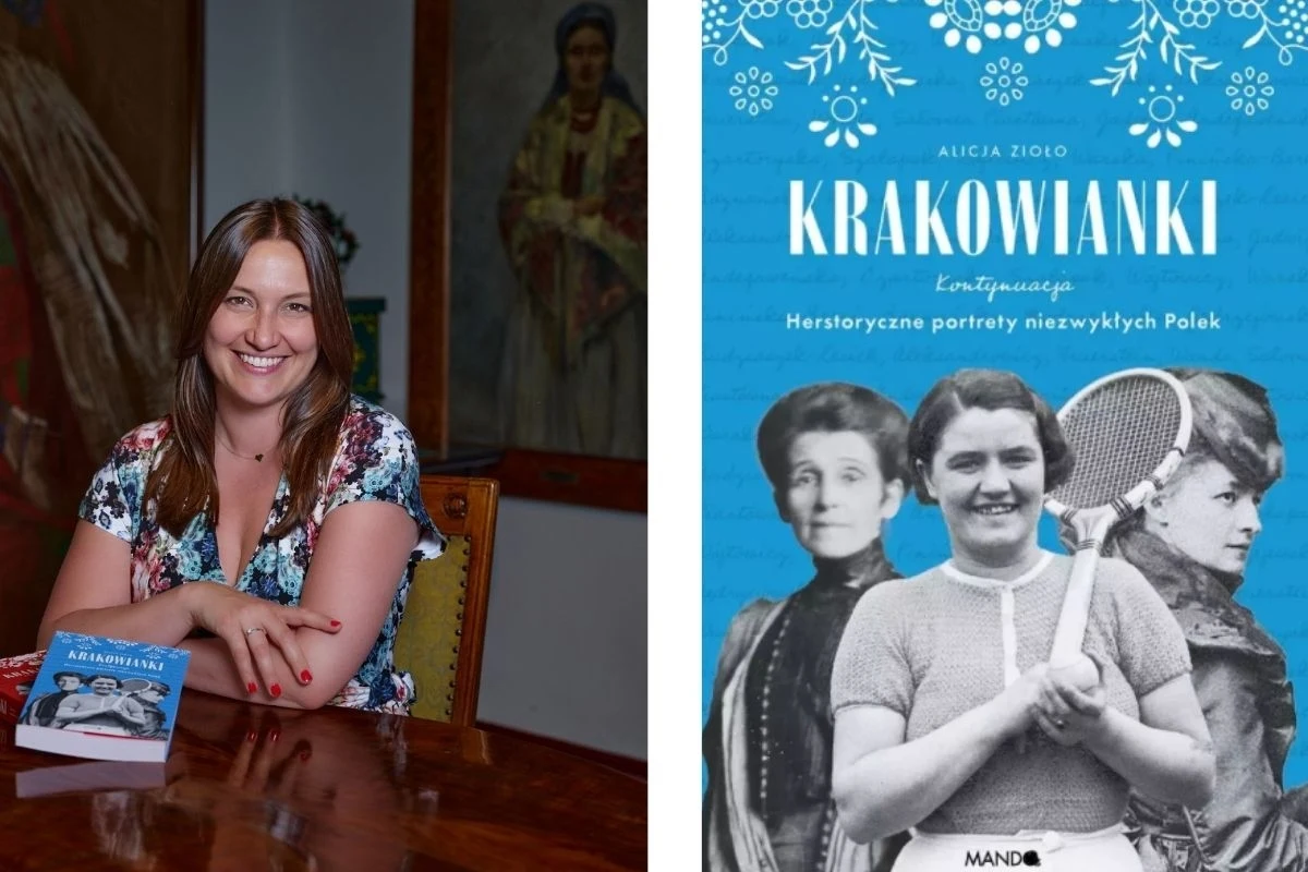 Kobieta z długimi brązowymi włosami siedzi przy stole, uśmiechnięta, opierając ręce na książce z tytułem Krakowianki, za nią obraz kobiety w tradycyjnym stroju ludowym, obok okładka wspomnianej książki z historycznymi portretami Polek.