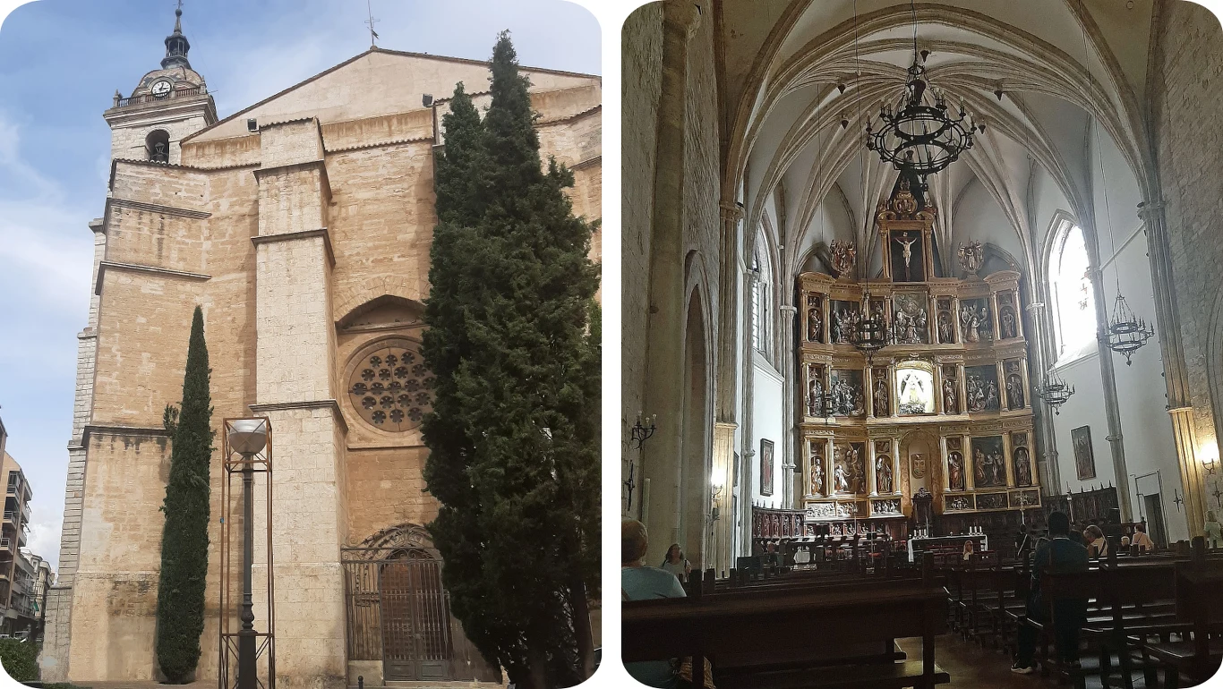 Katedra Santa Maria del Prado Kamienny kościół z zegarem na wieży oraz wysokimi, strzelistymi oknami, otoczony drzewami; wnętrze kościoła z imponującym złotym ołtarzem, sklepieniem łukowym i drewnianymi ławkami dla wiernych.