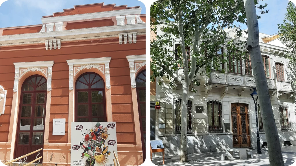 Dwa historyczne budynki miejskie, jeden w odcieniach czerwieni z dekoracyjną fasadą i dużymi łukowatymi oknami, drugi jasno beżowy z bogato zdobioną elewacją, otoczony drzewami i ulicznymi elementami infrastruktury.