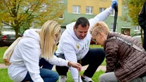 Grupa trzech dorosłych osób sadzi drzewko na trawniku w miejskim otoczeniu, jedna osoba trzyma łopatę, pozostałe pomagają przy sadzeniu. W tle bloki mieszkalne i jesienne drzewa.