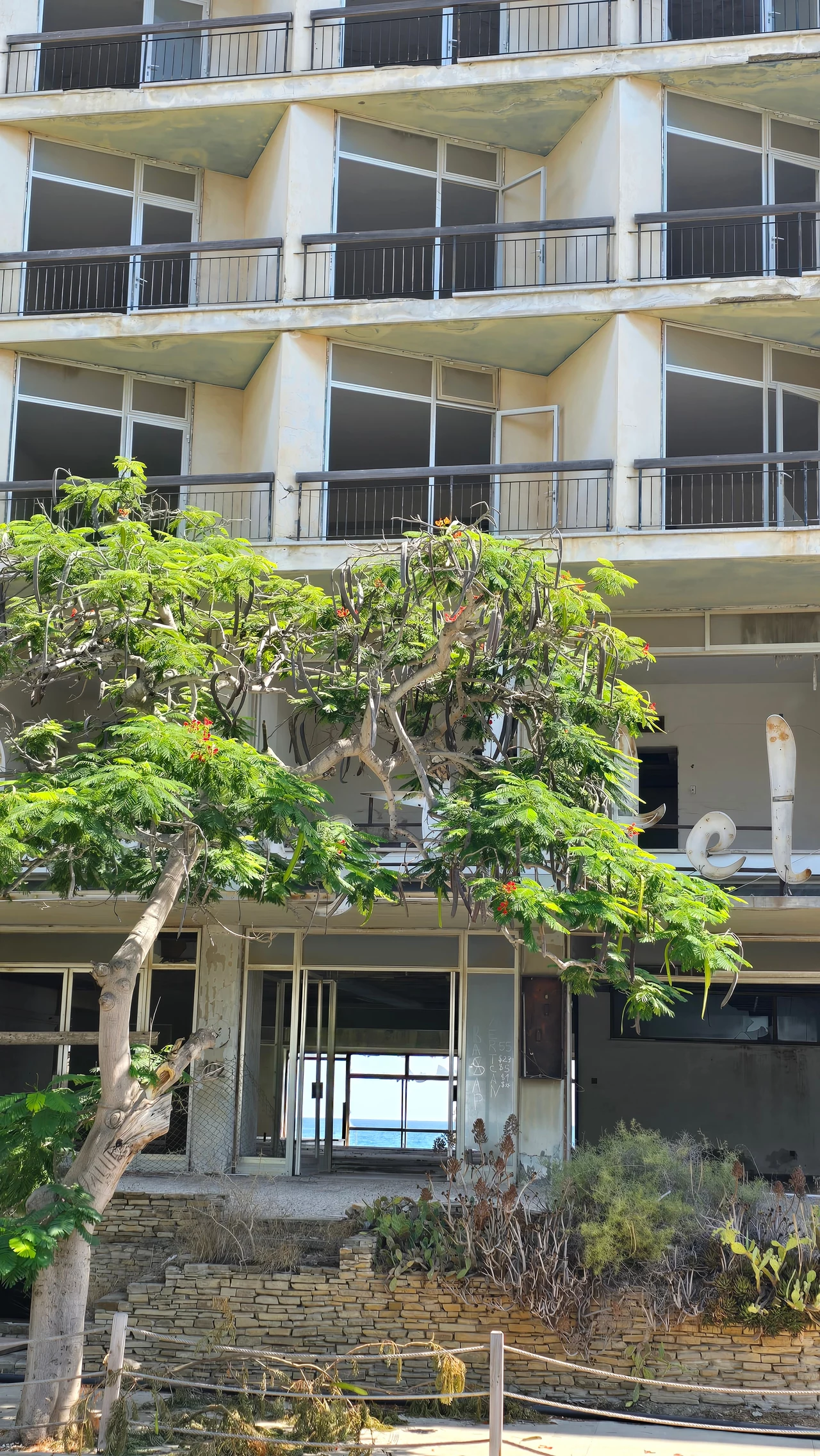 Hotel Asterias w Warosii na Cyprze. Z tego miejsca można dostrzec piękny widok na Morze Śródziemne. Opuszczony budynek wielopiętrowy z pustymi balkonami i oknami, otoczony przez zdziczałą roślinność oraz drzewo znajdujące się na pierwszym planie.