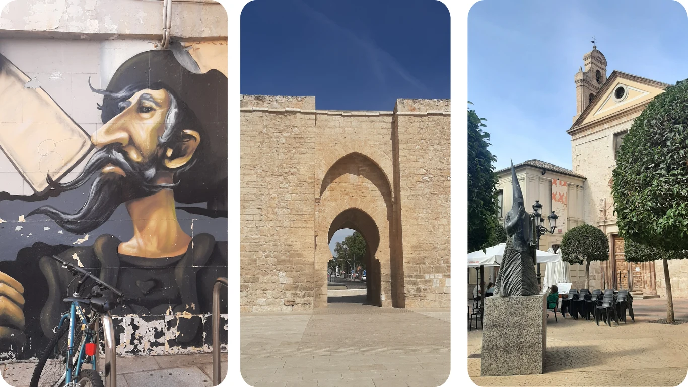 Ciudad Real Graffiti przedstawiające postać o wyrazistych rysach i czarnym wąsie, kamienna brama z łukiem na tle błękitnego nieba oraz plac miejski z rzeźbą i budynkiem o klasycznej architekturze.