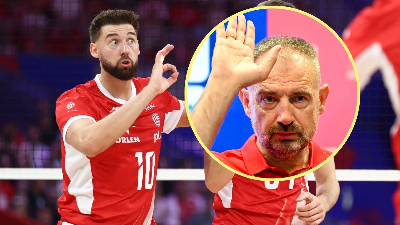 Bartosz Bednorz i Nikola Grbić Siatkarz w czerwonym stroju drużyny narodowej podczas meczu, z uniesioną dłonią i skupionym wyrazem twarzy; na środku zdjęcia okrągłe wstawienie z portretem trenera w tym samym geście.