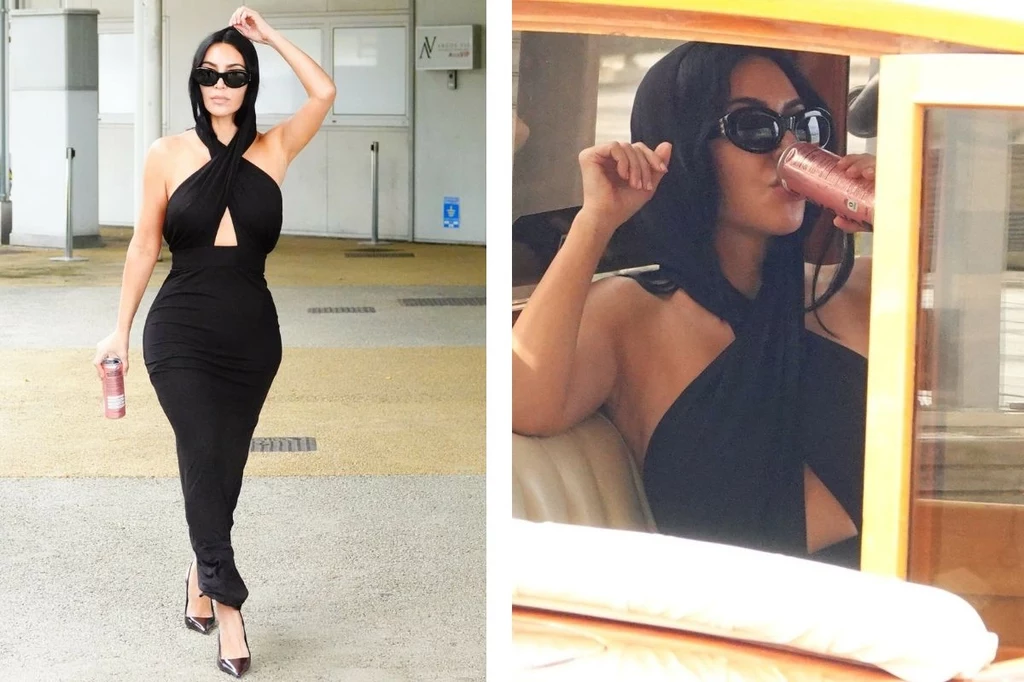 Kim Kardashian w Wenecji Kobieta w eleganckiej, czarnej, dopasowanej sukni, nosząca okulary przeciwsłoneczne, z napojem w dłoni; z jednej strony spaceruje, z drugiej siedzi w samochodzie i pije napój.