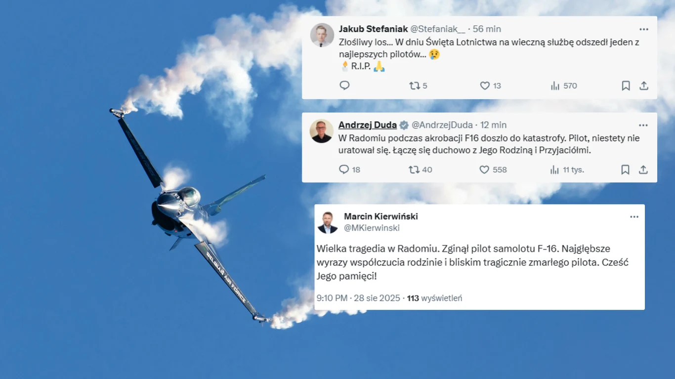 Politycy reagują na katastrofę F-16 w Radomiu. Samolot myśliwski F-16 wykonuje manewr na tle nieba, widać smugę powstałą podczas lotu, po prawej stronie umieszczono wpisy z mediów społecznościowych polityków i przedstawicieli opinii publicznej upamiętniające tragicznie zmarłego pilota.