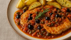Śródziemnomorski mariaż w wersji fusion. Eskalopki w pomidorach, oliwkach i anchois – z rozmarynowymi ziemniakami 