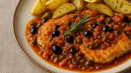 Śródziemnomorski mariaż w wersji fusion. Eskalopki w pomidorach, oliwkach i anchois – z rozmarynowymi ziemniakami 